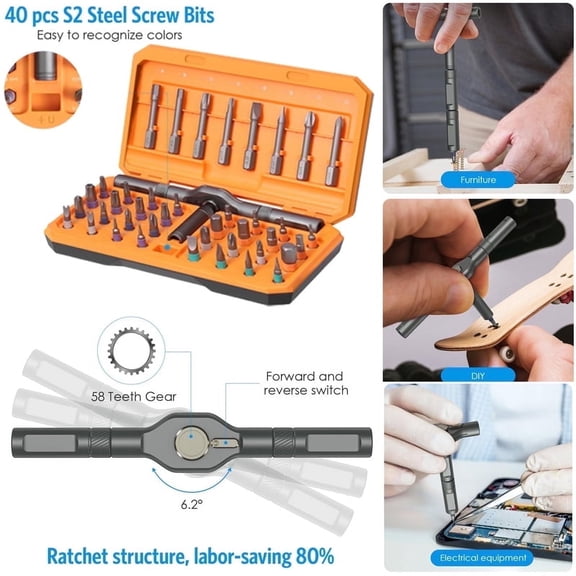 BJSNEIF 42-in-1 Ratchet & Magnetic Screwdriver Set with T Handle & S2 Steel Bits  Portable Tool Kit for Electronics, Bikes, Furniture & Diy Repairs