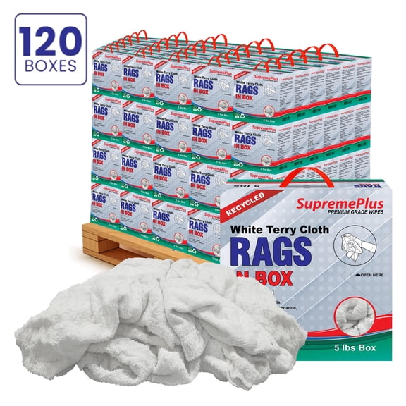 upremePlus Terry Cloth Cleaning Rags 600 lbs Pallet-120x5 lbs Compressed Box Commercial Cotton Dust Cloths Value Pack, White, 2400 Count, 120 Pack