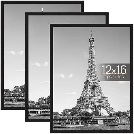 upsimples 12x16 Picture Frame Black 3 Pack, Scratch-Proof Poster Frames 12 x 16 for Photo Gallery - Slide-In Strips, Horizontal or Vertical Wall Mounting