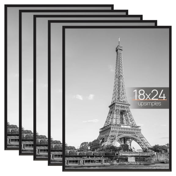 upsimples 5 Pack Poster Frames, 18 x 24 Plastic Picture Frame for Horizontal or Vertical Wall Mounting, Black