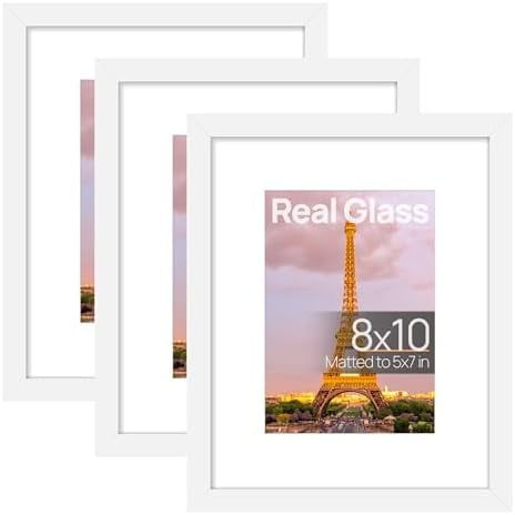 upsimples 8x10 Picture Frame Set of 3, Made of High Definition Glass for 5x7 with Mat or 8x10 Without Mat, Wall Mounting Photo Frames, White