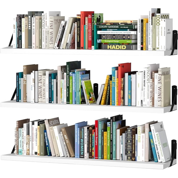 upsimples Floating Book Shelves for Wall, 35.4 Inches Long Floating Wood Shelves for Living Room, Library, Bedroom, Office Organizer and Storage, White