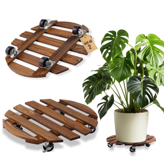 urorentea 2 Pack 16inch Wooden Plant Caddy with 4 Wheels, Heavy Duty Round Plant Dolly Rollers with Lockable Casters for Outdoor Indoor, Rolling Plant Stand for Large Plant Pots, Flower Pot, Patio