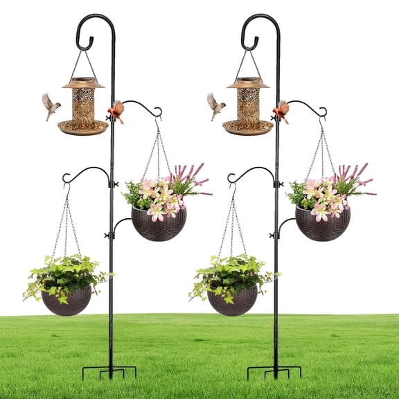 urorentea 2 Pack 92" Shepherds Hooks for Outdoor, 4 Hook Bird Feeder Poles, Heavy Duty Shepherds Hooks with 5 Prongs Base, Adjustable Garden Hook for Hanging Plant, Bird Feeders
