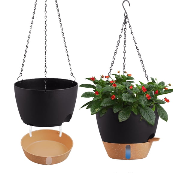 urorentea 2 Pack 10 Inch Self-Watering Hanging Planters, with Visible and Removable Saucer, Watering Lip, Drainage Holes,  Hanging Flower Pot for Indoor&Outdoor Plants