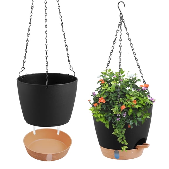 urorentea 2 Pack 8 Inch Self-Watering Hanging Planters, with Visible and Removable Saucer, Watering Lip, Drainage Holes, Hanging Flower Pot for Indoor&Outdoor Plants