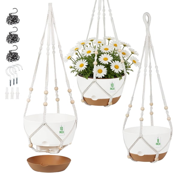 urorentea 3 Pack Self-Watering Hanging Planters, 10+10+8 Hanging Plant Pots with Macrame Hangers, Ceiling Hooks, Removable Saucer and Drainage Holes for Indoor & Outdoor Plants