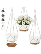 urorentea 3 Pack Self-Watering Hanging Planters, 10+10+8 Hanging Plant Pots with Macrame Hangers, Ceiling Hooks, Removable Saucer and Drainage Holes for Indoor & Outdoor Plants