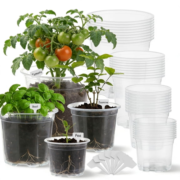 urorentea 36 Pack 3.5/4/5/6 inch Clear Plastic Nursery Pot, Plant Pot with Drainage Holes, Transparent Variety Pack Seed Starting Pots for Indoor Outdoor Plants with 36 Plant Labels