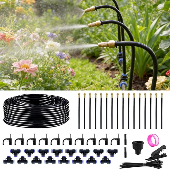 urorentea 360° Adjustable Drip Irrigation System, 49FT 1/4" Drip Irrigation Hose, Garden Watering Atomizing System with 16 Bendable Copper Nozzles for Lawn Courtyard, Greenhouse