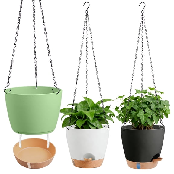 urorentea 3 Pack 8 Inch Self-Watering Hanging Planters, with Visible and Removable Saucer, Watering Lip, Drainage Holes, Hanging Flower Pot for Indoor&Outdoor Plants