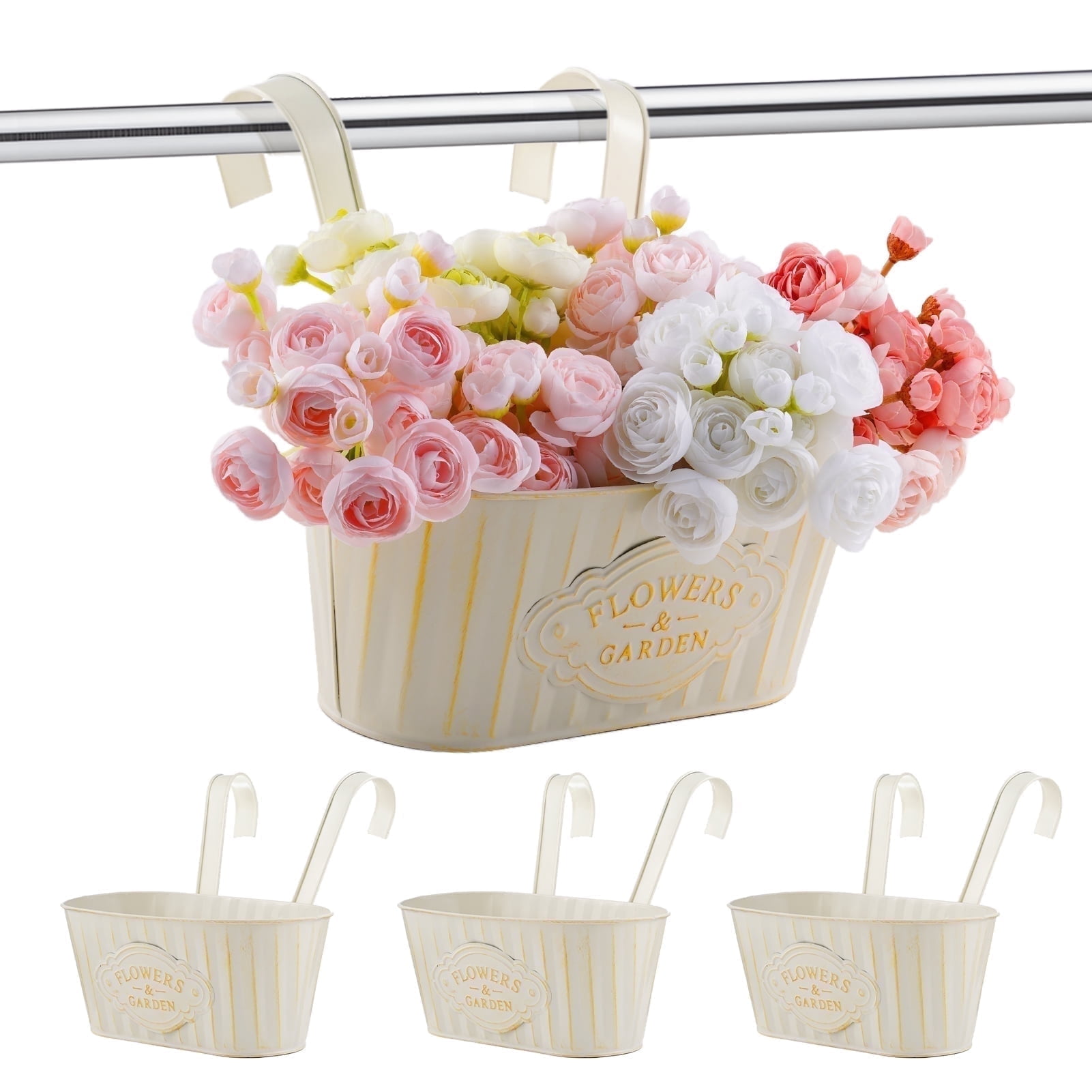 urorentea 3Pcs Metal Hanging Flower Pots for Outdoor Plants, Iron Railing Planter with Detachable Hooks and Drain Holes, Hanging Pots Fence Planters for Railing Garden Fence Balcony (milky white)