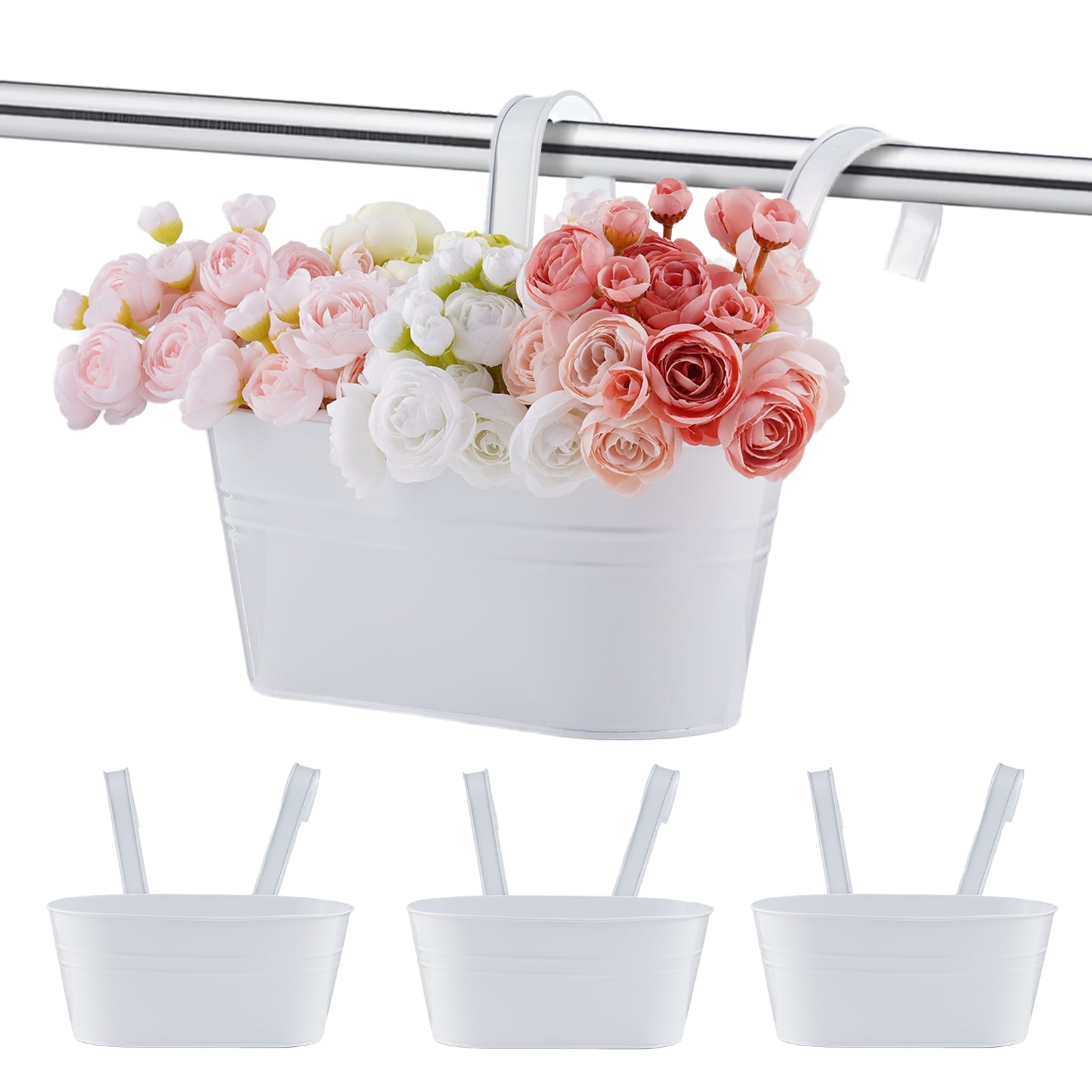 urorentea 3Pcs Metal Hanging Flower Pots for Outdoor Plants, Iron Railing Planter with Detachable Hooks and Drain Holes, Hanging Pots Fence Planters for Railing Garden Fence Balcony (white)