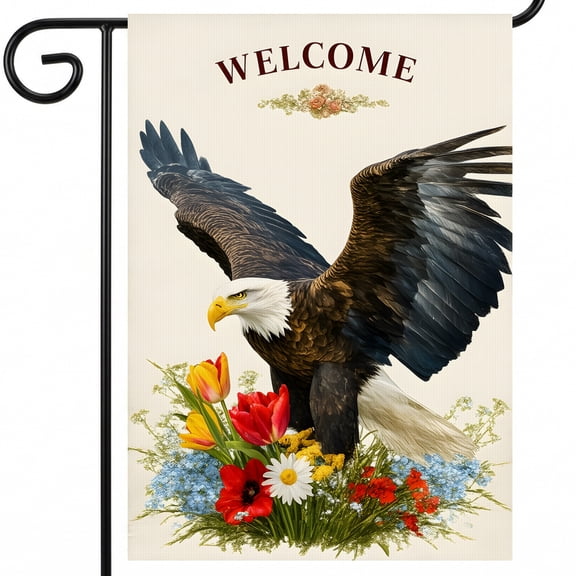 usa 250th anniversary garden flag A bald eagle with a bouquet of flowers in its talons. WELCOME red white blue decor 28x40 Inch Decorative Size patriotic decorations