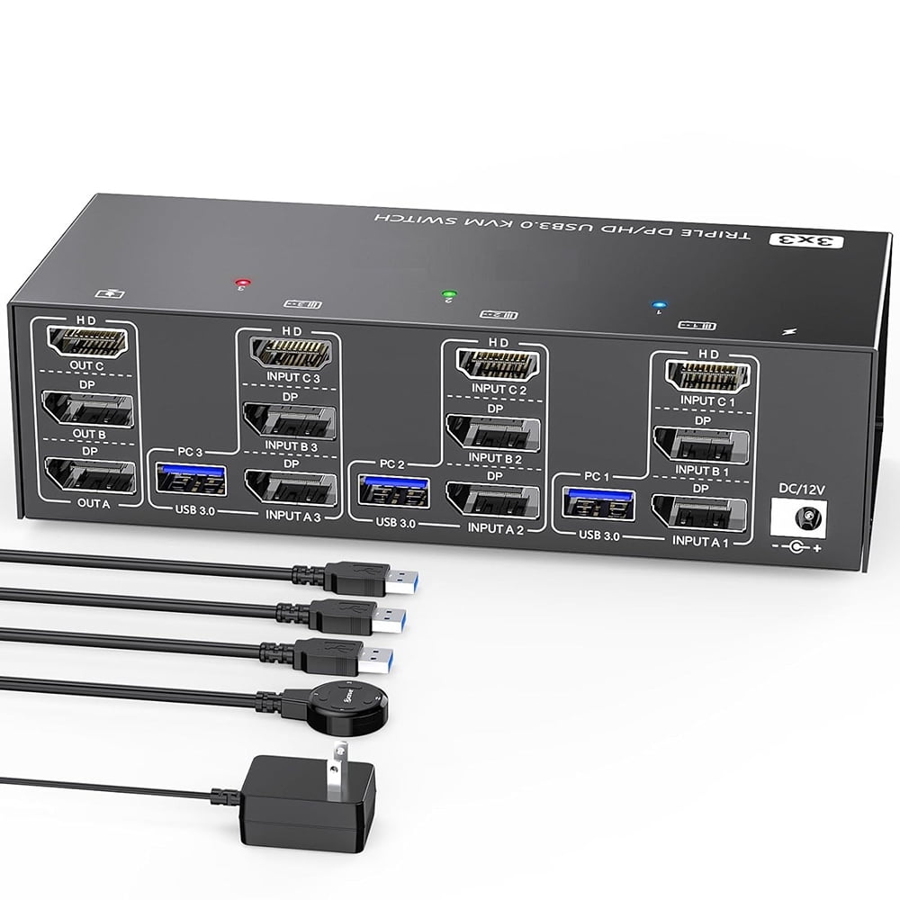 usb KVM303DH Switcher -Compatible KVM 3 in 3 out 8K@60Hz, 4K@144Hz Triple Monitor USB 3.0 -Compatible+ Switcher For Keyboard, Mouse, U-Disk and Printer Compatible with