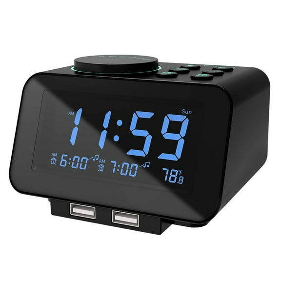 uscce Digital Dual Alarm Clock Radio - 0-100% Dimmer with Weekday/Weekend Mode, 6 Sounds Adjustable Volume, FM Radio w/Sleep Timer, Snooze, 2 USB Charging Ports, Thermometer, Battery Backup