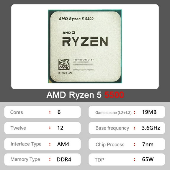 used5 5500 R5 5500 3.6 GHz 6-Core 12-Thread CPU 7NM L3=16M 100-000000457 Socket AM4 but without cooler