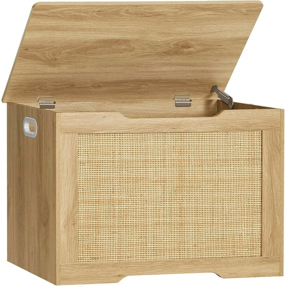 usikey 29.5” Storage Chest, Storage Bench with Storage, Toy Box with 2 Safety Hinges, Toy Chest for bedroom, Shoe Bench, Supports 220 lb, for Living Room, Entryway, Natural