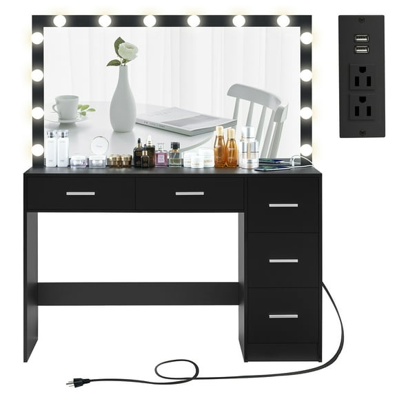 USIKEY Adult Teen Modern Elegant LED Lights Table Set Black Solid