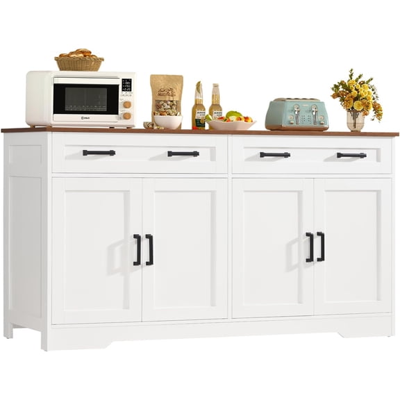 usikey Buffet Cabinet with Storage and Drawers, 55" Large Sideboard Buffet Cabinet with Adjustable Shelves and Doors, Modern Coffee Bar for Kitchen, Living Room, White