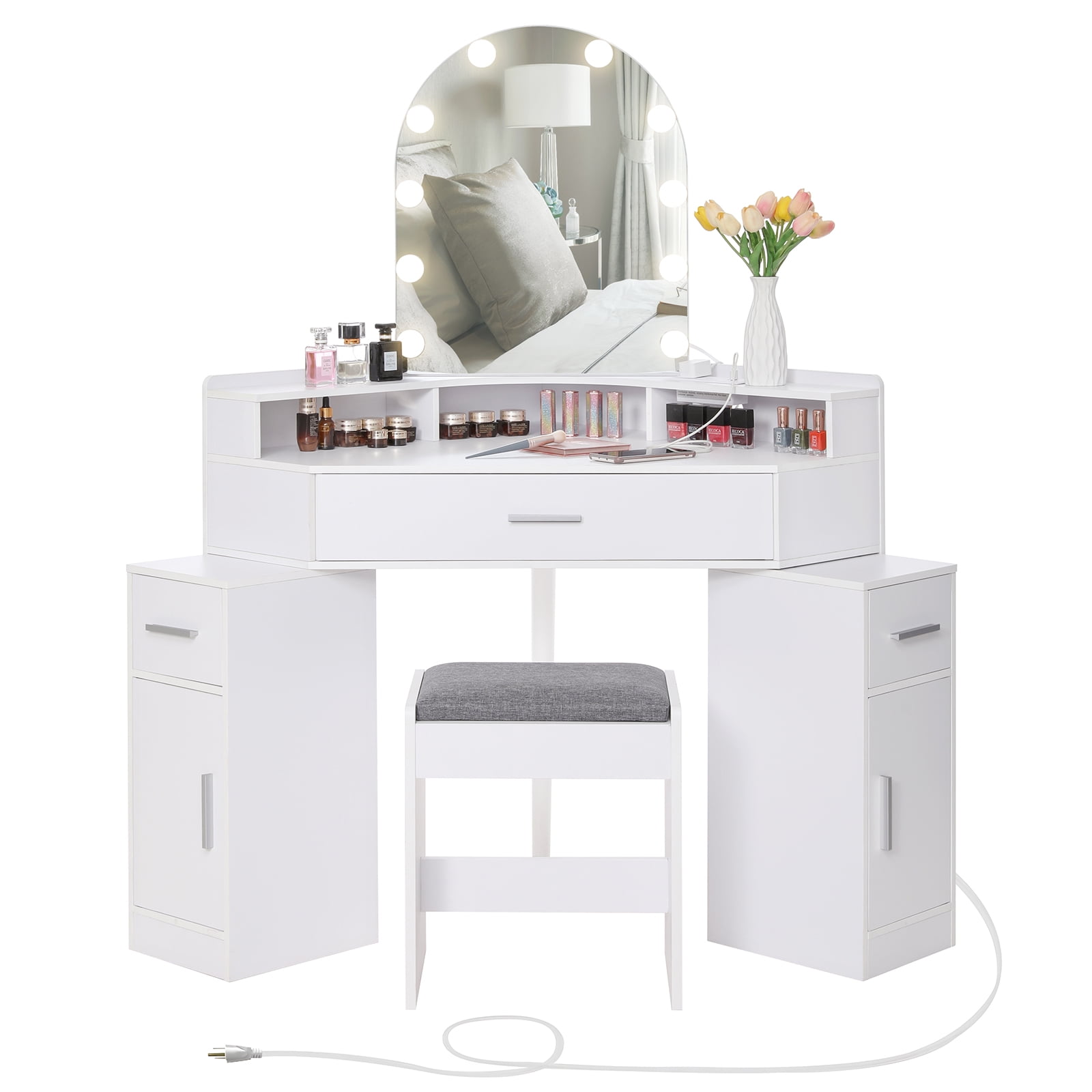 Likein Corner Makeup Vanity Desk with Mirror and Lights, Bedroom Vanity  Table with Lighted Mirror 5 Drawers and Storage Shelf for Women Girls White