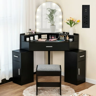SPSUPE Vanity Set With Stool & Mirror - Makeup Dressing Table With 3 Drawers, Writing Desk, White/Black