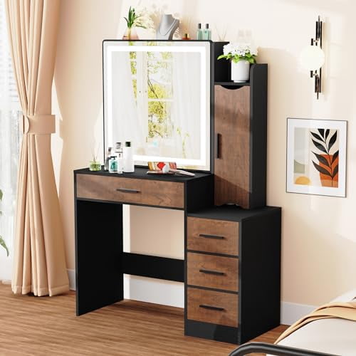 usikey Makeup Vanity Desk, Makeup Vanity Table with Sliding LED Lighted ...