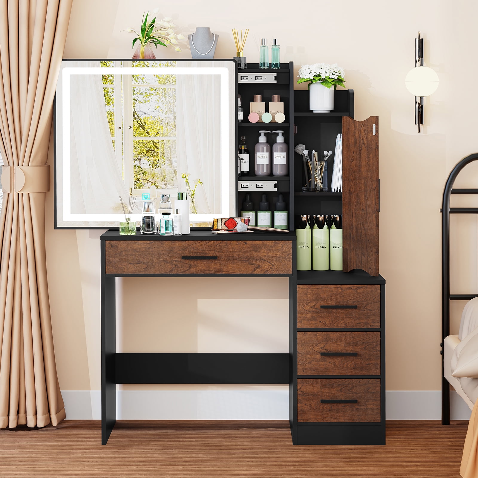 usikey Makeup Vanity Desk, Makeup Vanity Table with Sliding LED Lighted ...