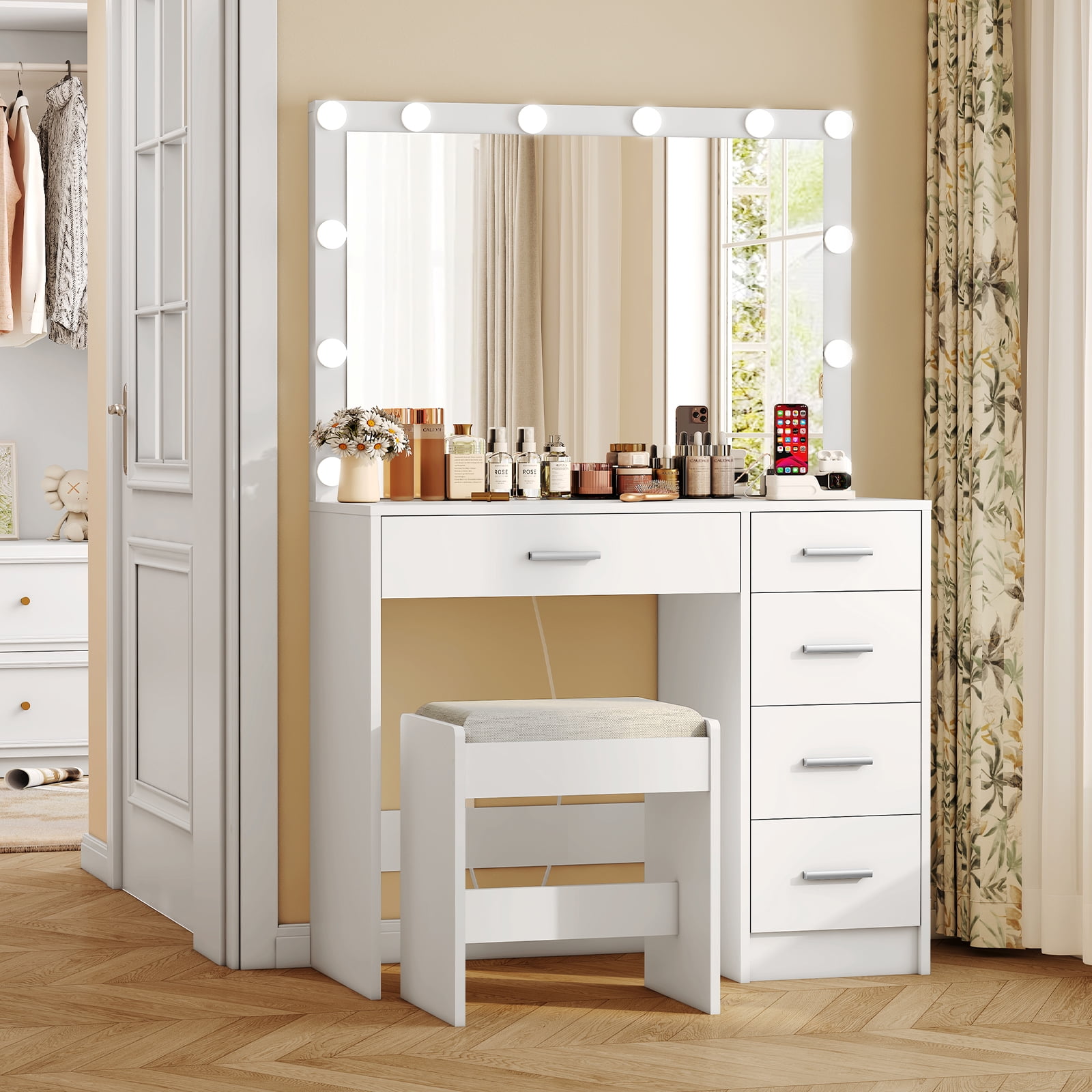 usikey Makeup Vanity Table with Large Lighted Mirror, 12 Lights, Vanity 