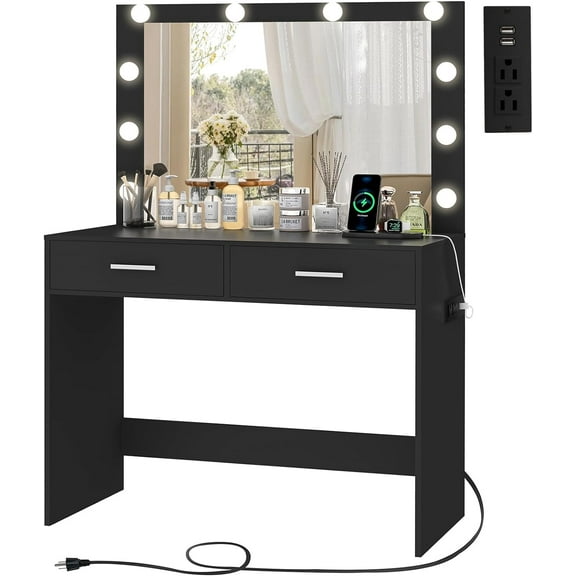 usikey Small Vanity Desk with Mirror and Lights, Makeup Vanity Desk, Vanity Table Set with 2 Drawer & Power Outlets, Adjustable Brightness for Women Girls, Bedroom, Black