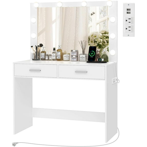 usikey Makeup Vanity Desk with Large Lighted Mirror, 10 Lights, 2 Drawers & Power Strip, Vanity Set, Dressing Vanity Tables for Women Girls, Bedroom, White