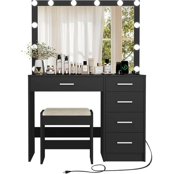 usikey Vanity Desk with Mirror and Lights, Makeup Vanity with Power Outlet, Makeup Vanity Table with 5 Drawers and Stool, Dressing Vanity for Bedroom, Dressing Room, Black
