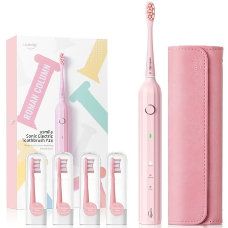 usmile Electric Toothbrush with 4 Brush Heads, USB Rechargeable Sonic Toothbrush with Smart Timer, 3 Modes, Whitening Powered Toothbrush with Travel Case, One Charge Lasts for 6 Months, Y1S Pink
