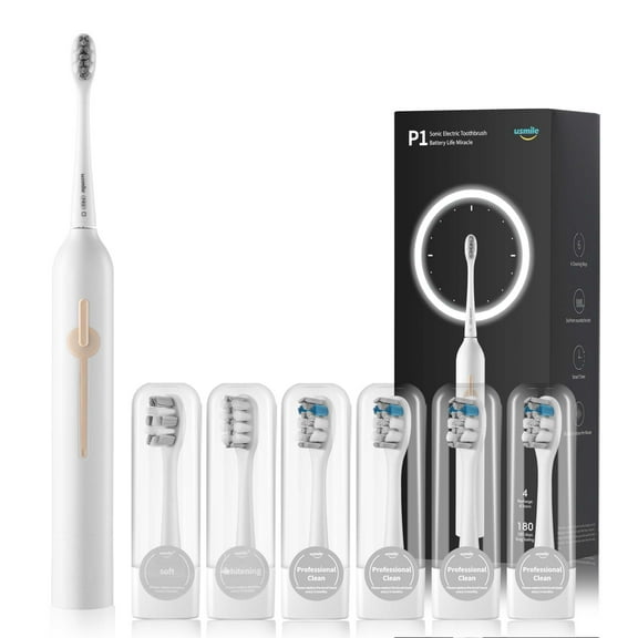 usmile Electric Toothbrush with 6 Brush Heads for Adults, Rechargeable Toothbrush with 3 Modes, 2 Mins Smart Timer, 4-Hour Fast Charge for 6 Months, P1 White