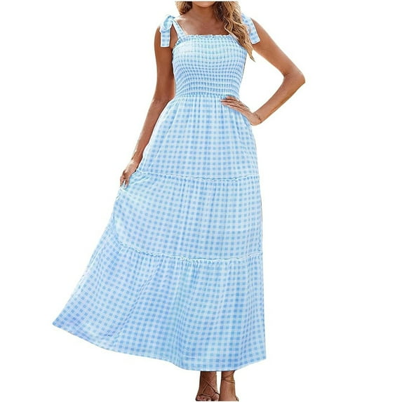 utcoco 2024 Women's Summer Plaid Smocked Dress A Line Tiered Long Dress