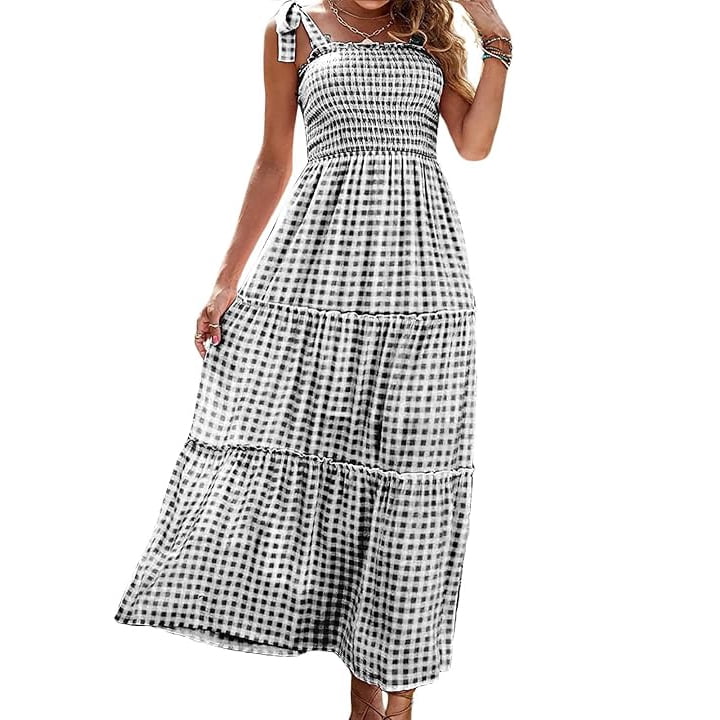 Utcoco 2026 Women's Summer Plaid Smocked Dress A Line Tiered Long Dress, Size: Medium, Black
