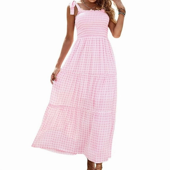 utcoco 2024 Women's Summer Plaid Smocked Dress A Line Tiered Long Dress