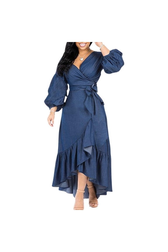 2025 Womens Casual Belted Long Sleeve Denim Dress Blue-M