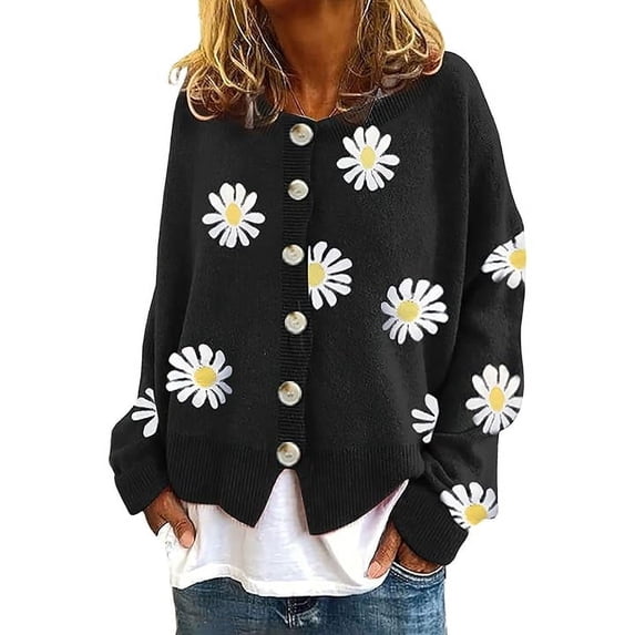 utcoco 90s Women's Vintage Daisy Flower Autumn and Winter Cardigan Sweater