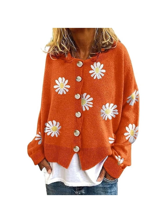 90s Women's Vintage Daisy Flower Autumn and Winter Cardigan Sweater