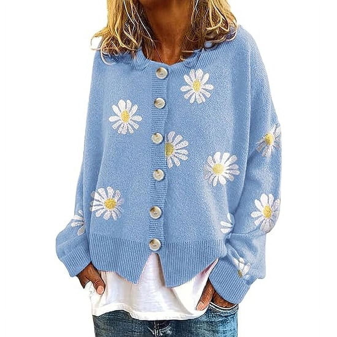 Women Autumn Vintage Flower V Neck Knit Cardigan Sweater