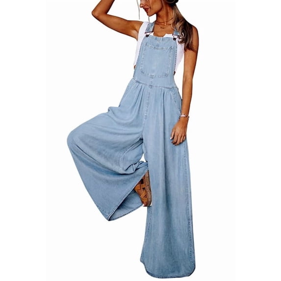 utcoco Women's Casual Loose Denim Overalls Adjustable Strap Wide Leg Bib Jean Overalls Jumpsuit with Pockets