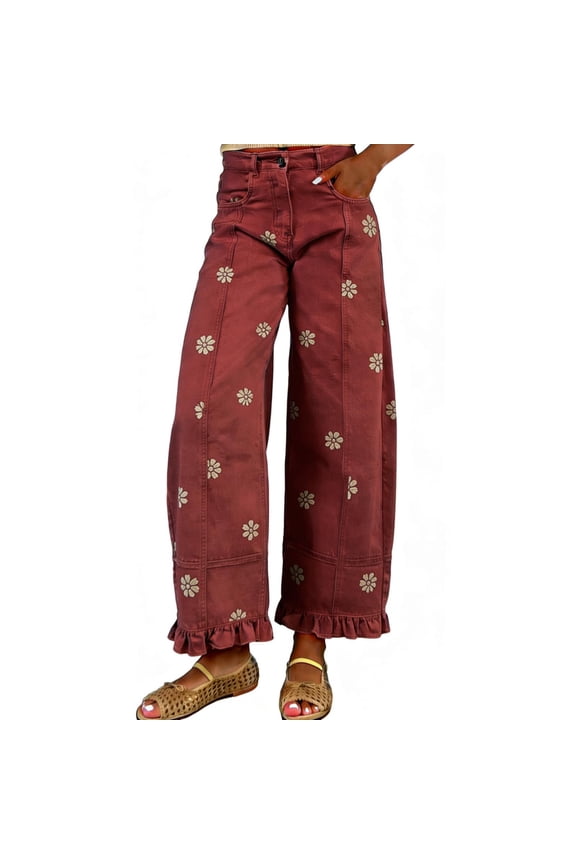 Barrel Jeans Women 2026 Floral Print Wide Leg Jeans Y2k Patchwork Baggy Boyfriend Denim Pants