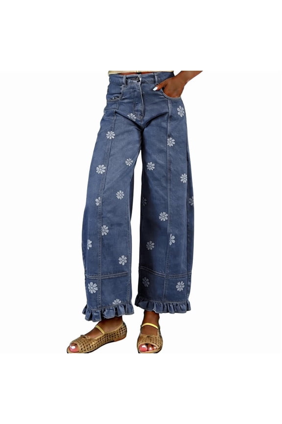 Barrel Jeans Women 2026 Floral Print Wide Leg Jeans Y2k Patchwork Baggy Boyfriend Denim Pants
