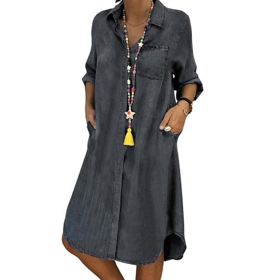 utcoco Denim Dress for Women 2026 Casual Loose Long Sleeve Classic Vintage Button Down Jean Shirt Dresses with Pockets