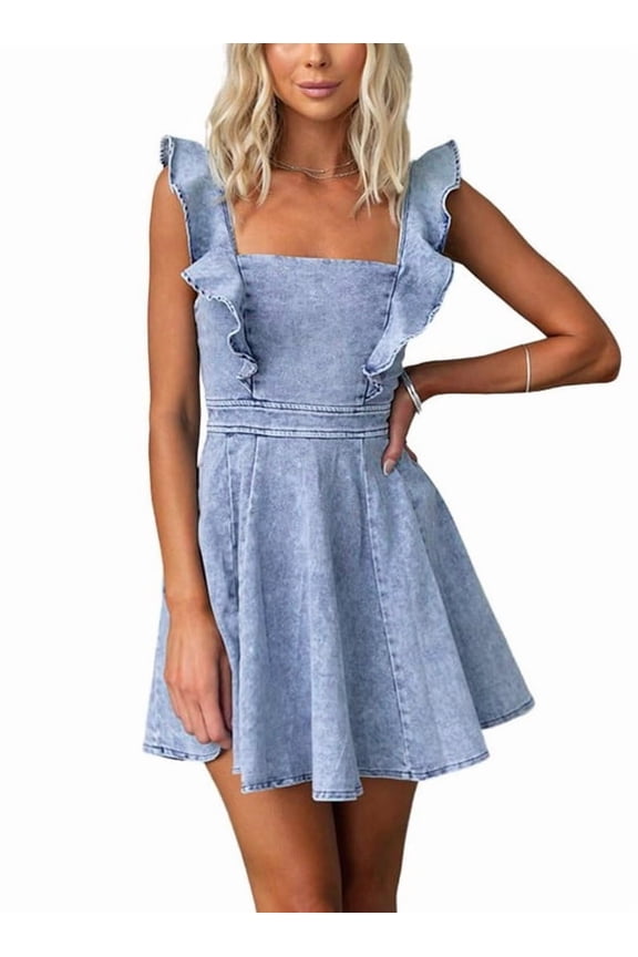 Denim Dress for Women Ruffle Adjustable Strap Sleeveless Backless Babydoll Mini Jean Dresses
