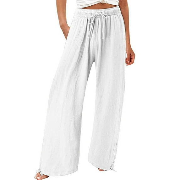 utcoco High Waisted Pants with Drawstrings for Women Casual Loose Wide Leg Linen Pants