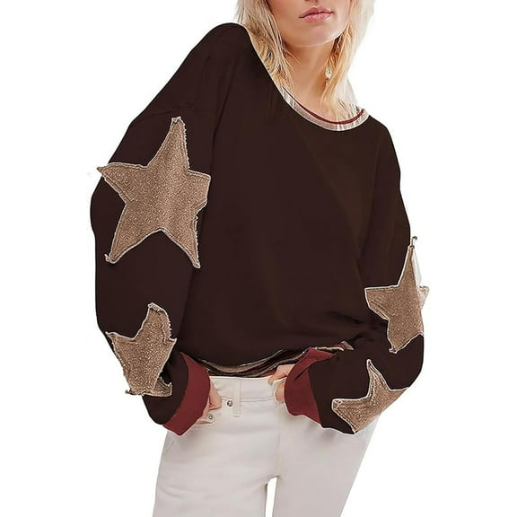 utcoco Star Patches Crew Neck Long Sleeve Sweatshirt for Women