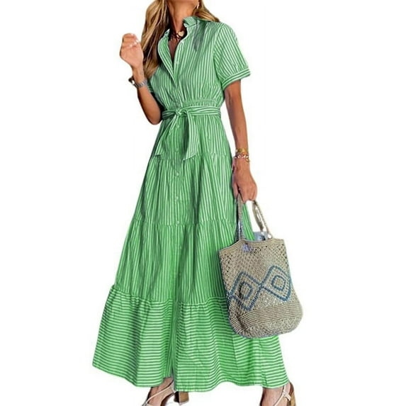 utcoco Womens Casual Striped Shirt Short Sleeve Maxi Dress Green-M