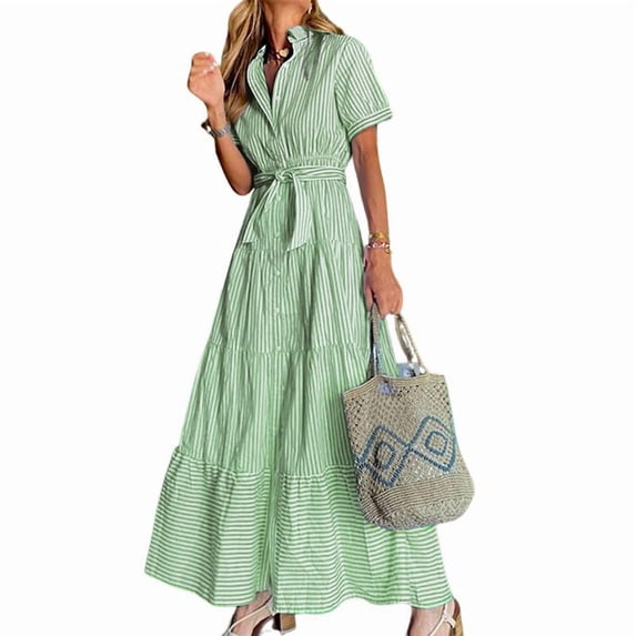 utcoco Womens Casual Short Sleeve Button Down Tie Waist Ruffled Striped Maxi Shirt Dress